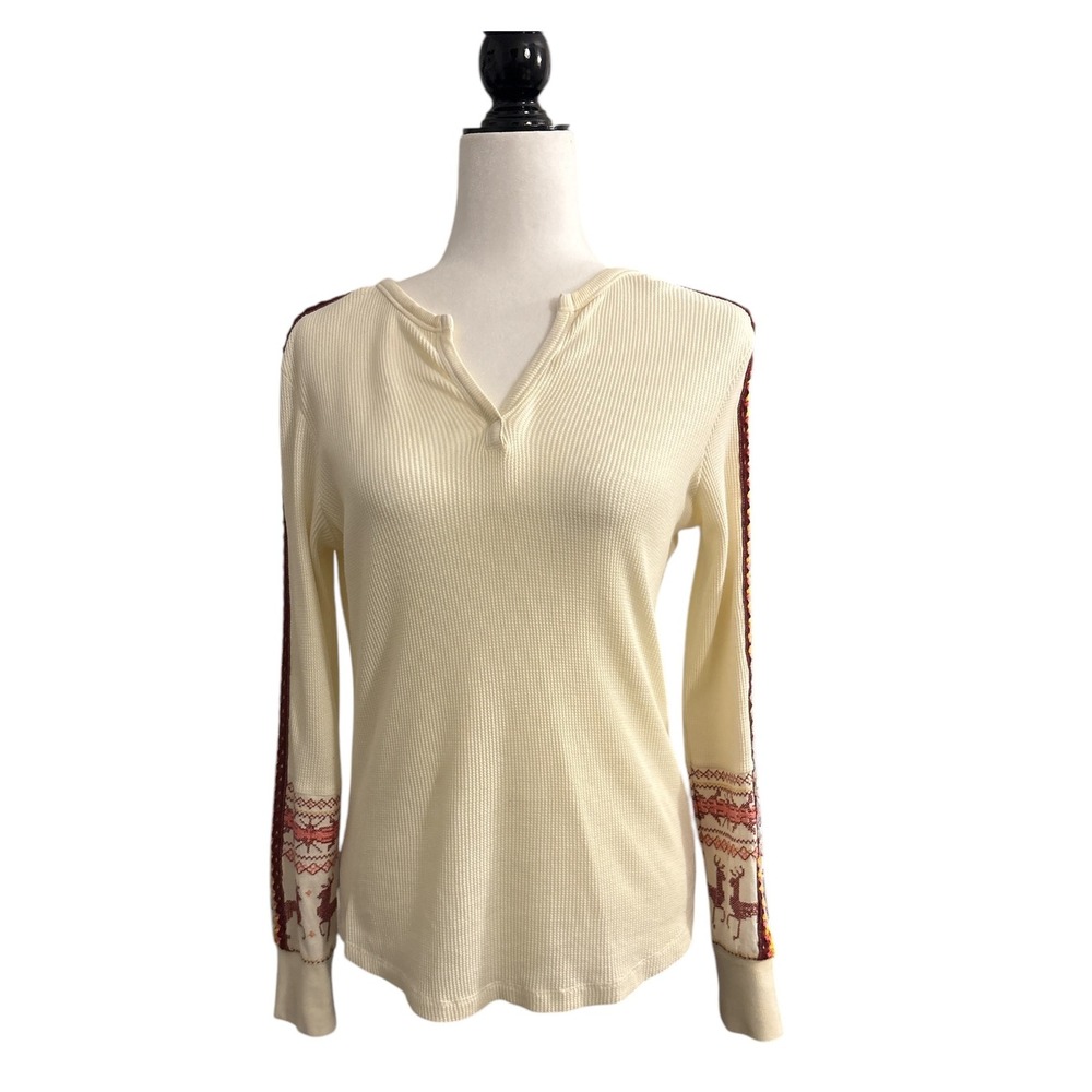 Sundance Waffle Knit Top Reindeer Print Long Sleeve Tee Women's Size Small‎